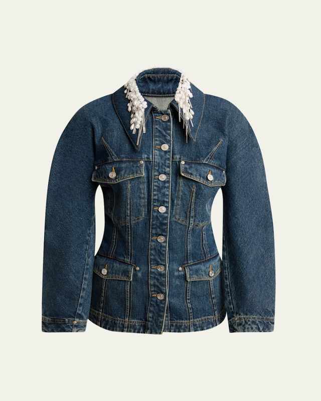 Pearly Crystal Collar Denim Jacket